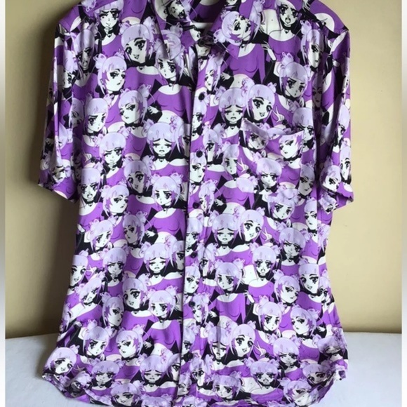 Womens Hot Topic Exclusive Purple Female Anime Japan Short Sleeve Collared Shirt - Picture 1 of 4